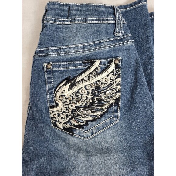 (2) Rockin Denim Jeans Womens (6) Bootcut Stretch Cowgirl Wing Embroidery Bling - Picture 2 of 15